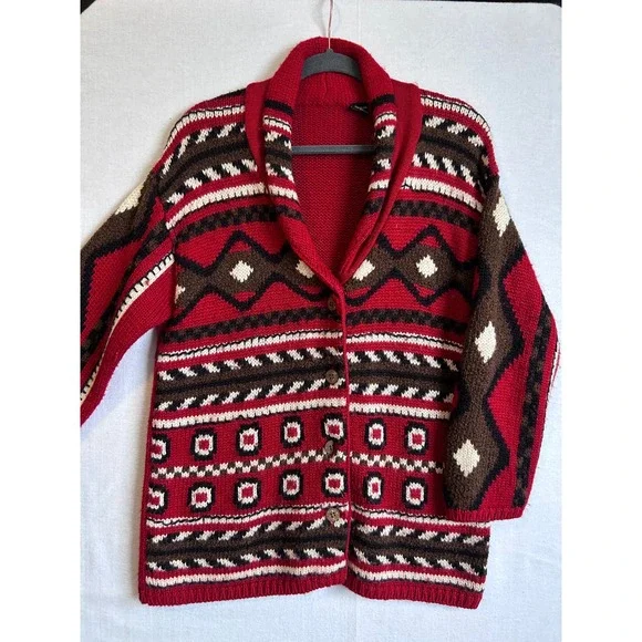 Vintage‎ Geometric Pattern Knit Cardigan Sweater Red Brown White Women SZ S/M - Picture 4 of 9